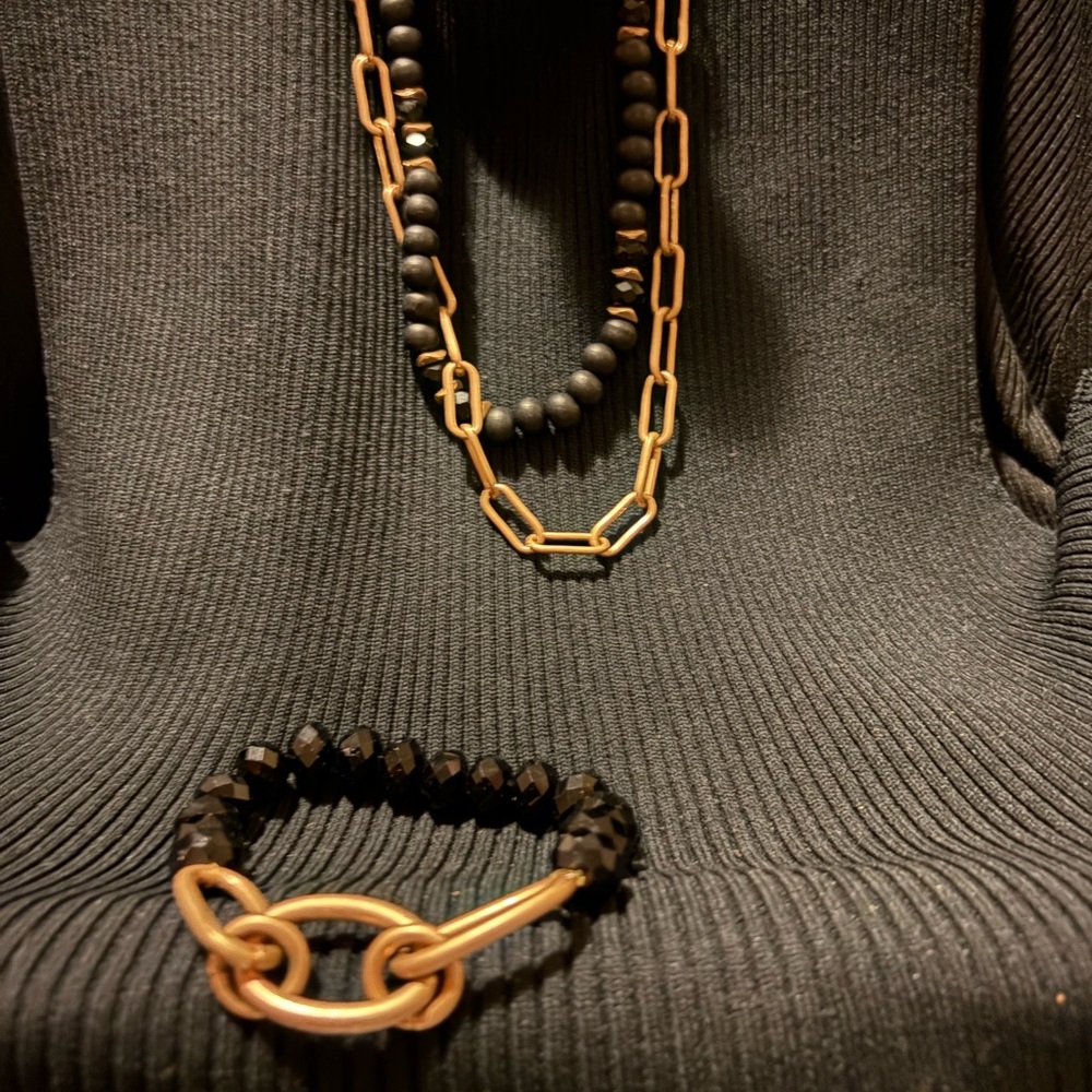 Gold and Black Link Bracelet and Necklace Set